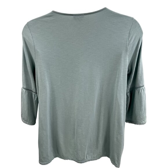 J Jill Womens L Sage Boho Tunic Top Button Detail Sleeves Pom Pom Trim Stretchy - Picture 2 of 15